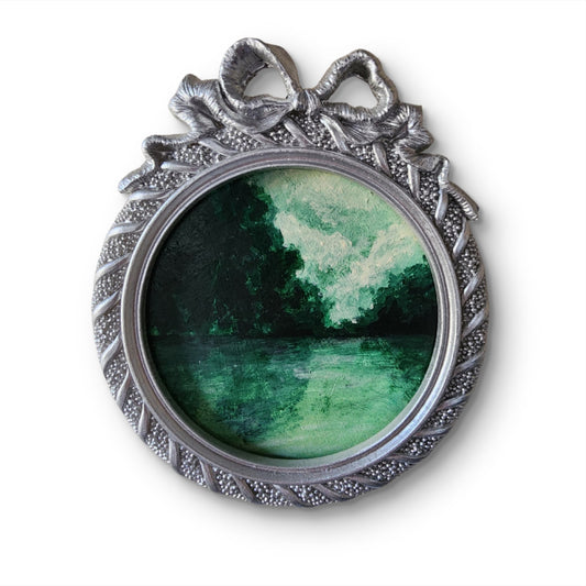 “The Quiet Lake” — 4x4 Miniature Landscape in Silver Bow Frame