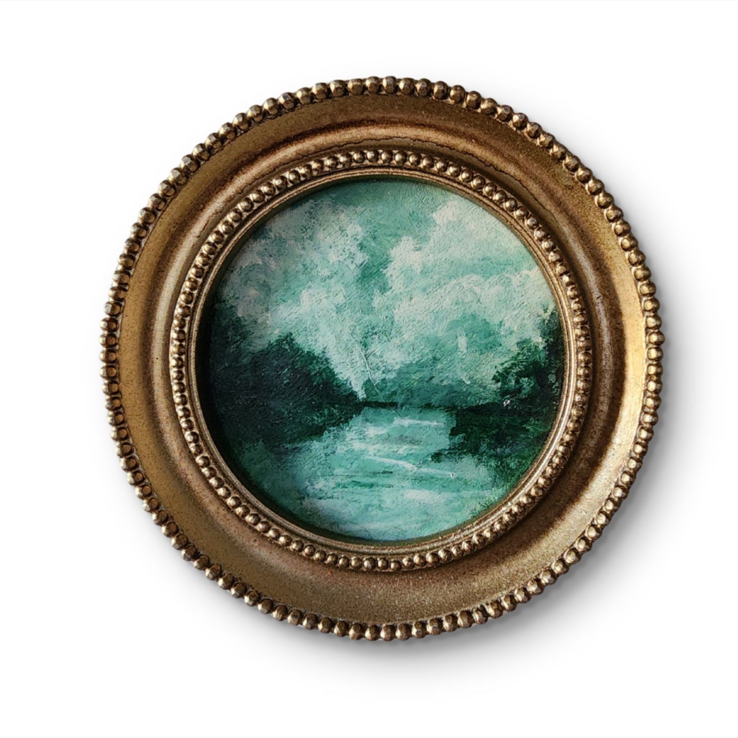 “Evening at the Lake” — 4x4 Miniature Landscape in Vintage Round Frame